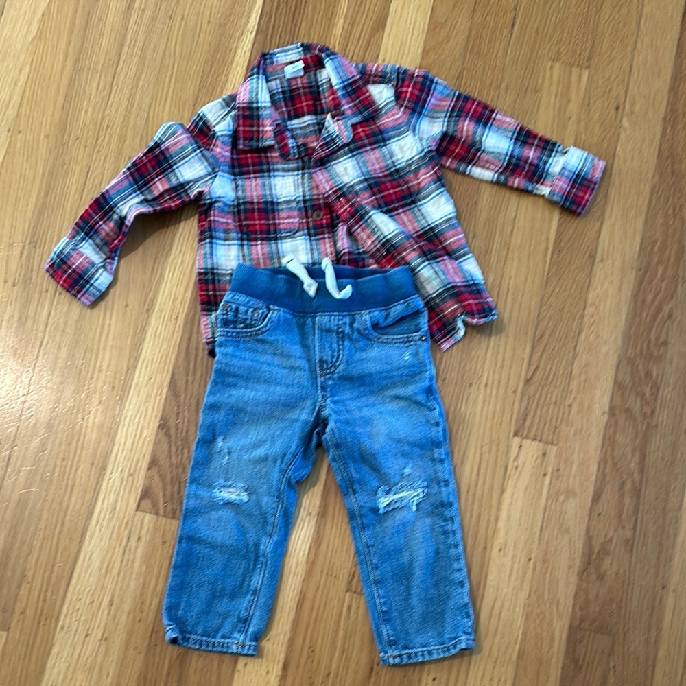 GAP Kids Red Plaid Shirt and Blue Jeans Set